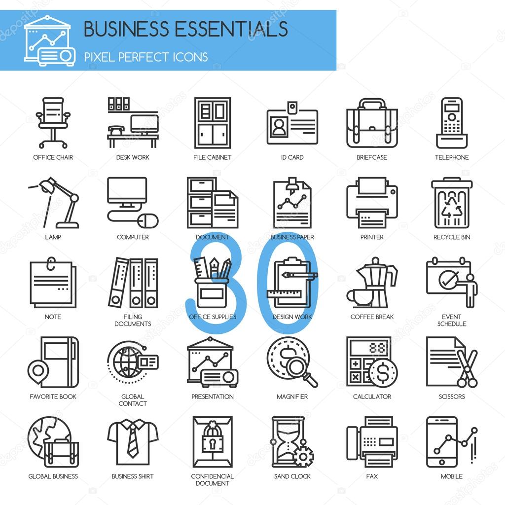 Business Essentials, thin line icons set