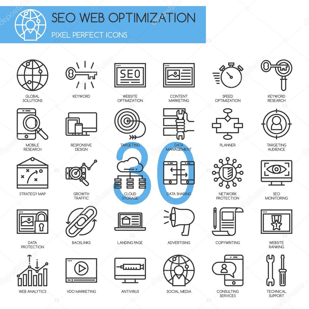 Search engine optimization , thin line icons set