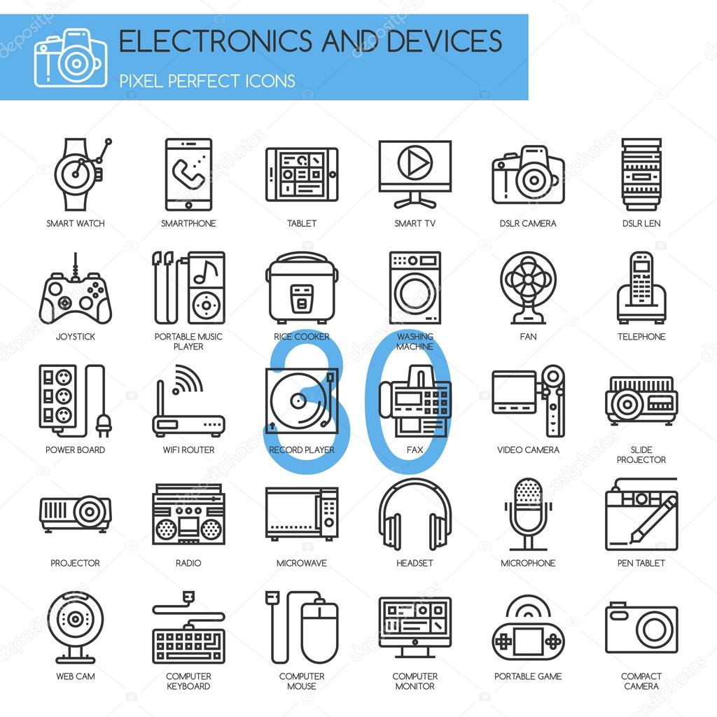 Electronic and Devices , thin line icons set 