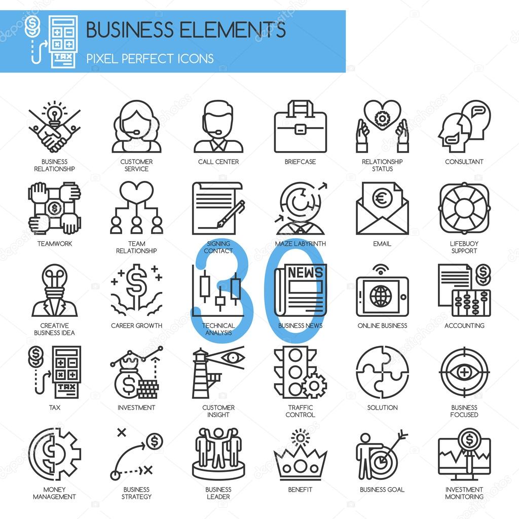 Business Elements, thin line icons set