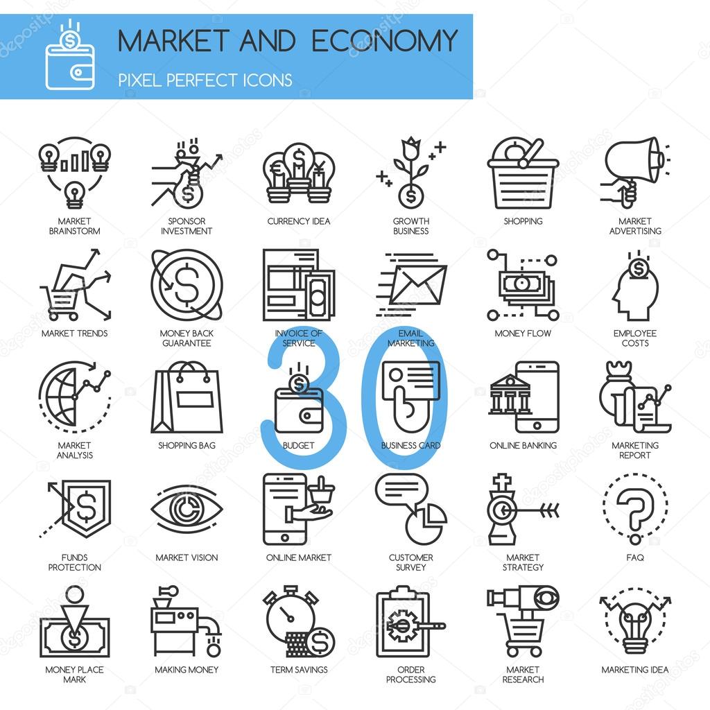 Market and Economy, thin line icons set