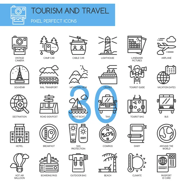 TURISMO Y VIAJE, conjunto de iconos de línea delgada — Vector de stock