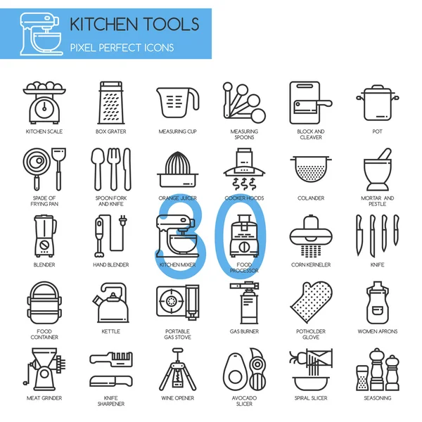 Herramientas de cocina, conjunto de iconos de línea delgada — Vector de stock