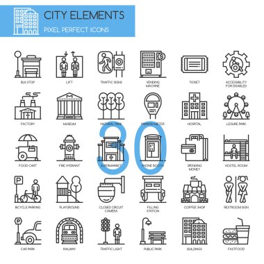 Şehir öğeleri, ince çizgi Icons set 