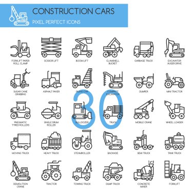 İnşaat arabalar, ince çizgi Icons set