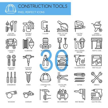 İnşaat araçları, ince çizgi Icons set, piksel mükemmel simgeler