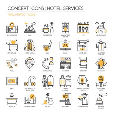 Otel Servisi, ince çizgi Icons set, piksel mükemmel simgesi, piksel 