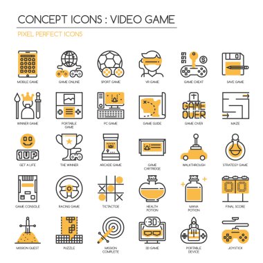 Video oyunu, ince çizgi Icons set, piksel mükemmel simgeler