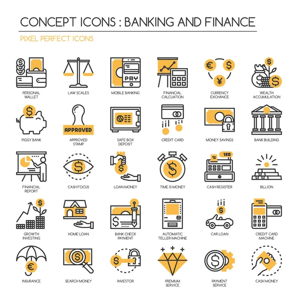 Banca y finanzas, conjunto de iconos de línea delgada, iconos Pixel Perfect — Vector de stock