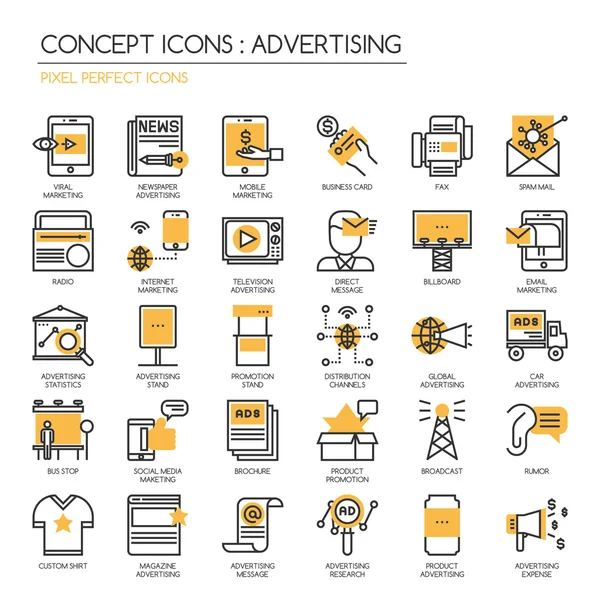 Reclame, dunne lijn iconen set, Pixel Perfect iconen — Stockvector