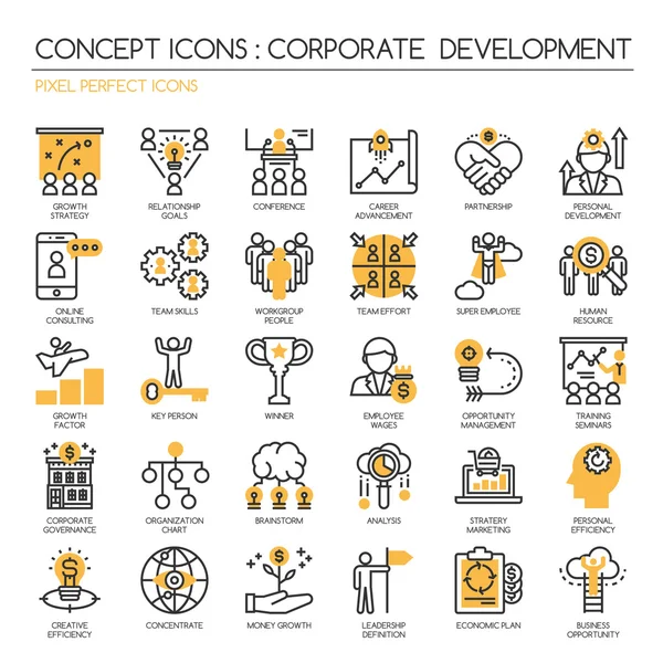 Desarrollo corporativo, conjunto de iconos de línea delgada, iconos Pixel Perfect — Archivo Imágenes Vectoriales