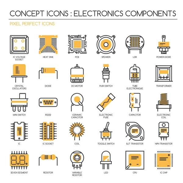 Componentes electrónicos, conjunto de iconos de línea delgada, iconos perfectos de píxeles — Archivo Imágenes Vectoriales