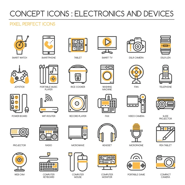 Electrónica y dispositivos, conjunto de iconos de línea delgada, píxeles icono perfecto — Vector de stock