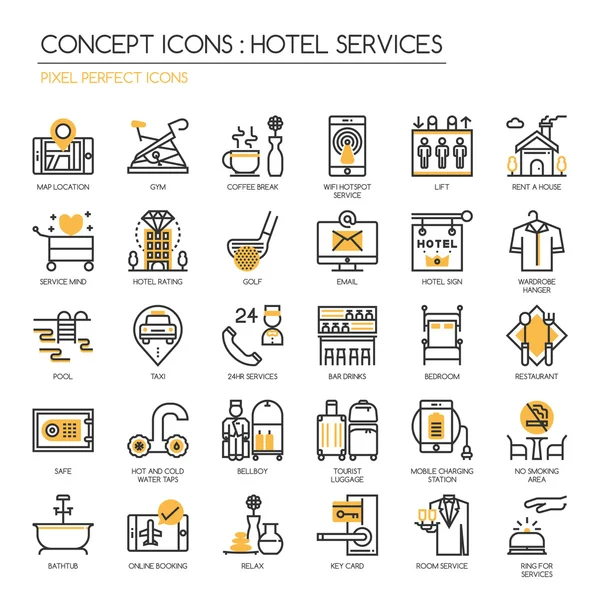 Servicio del hotel, conjunto de iconos de línea delgada, icono perfecto de píxel, píxel — Vector de stock