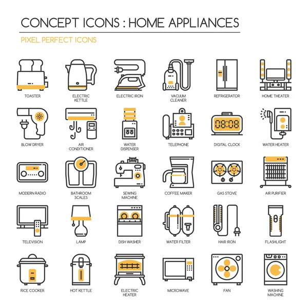 Electrodomésticos, conjunto de iconos de línea delgada, píxeles iconos perfectos, Pixe — Vector de stock