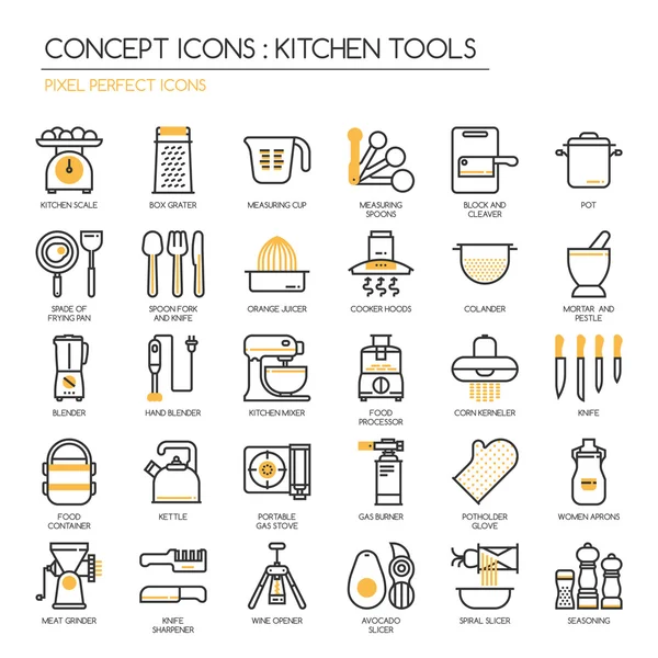 Herramientas de cocina, conjunto de iconos de línea delgada, píxeles iconos perfectos — Vector de stock