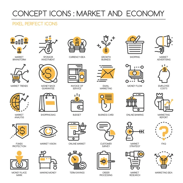 Mercado y economía, conjunto de iconos de línea delgada, iconos perfectos de píxeles — Vector de stock