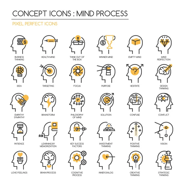 Processo mental, conjunto de ícones de linha fina, ícones perfeitos de pixel — Vetor de Stock