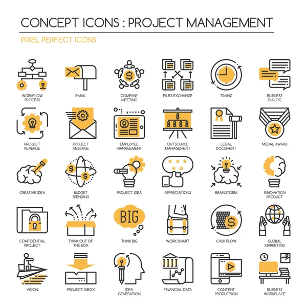 Zarządzanie projektami, cienka linia zestaw ikon, ikony Perfect Pixel — Wektor stockowy