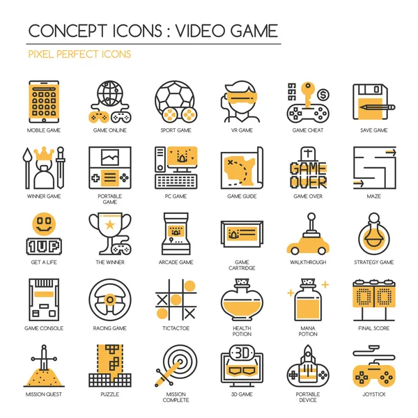 Jogo de vídeo, conjunto de ícones de linha fina, ícones perfeitos de pixel —  Vetores de Stock