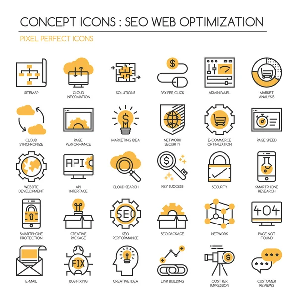 Optimización de motores de búsqueda, conjunto de iconos de línea delgada, Pixel Perfect — Vector de stock