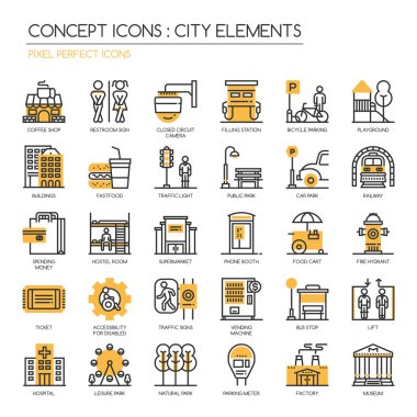 Şehir öğeleri, ince çizgi Icons set, piksel mükemmel simgeler