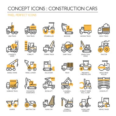 İnşaat arabalar, ince çizgi Icons set, piksel mükemmel simgeler