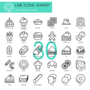 Ekmek, ince bir çizgi Icons set, piksel mükemmel simgeler