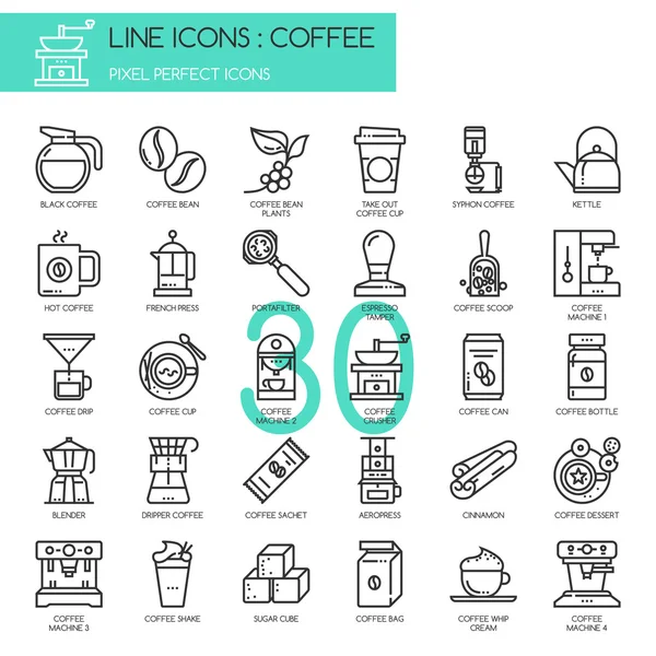 커피, 얇은 선 아이콘, 픽셀 완벽 한 아이콘 설정된 — 스톡 벡터