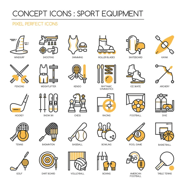 Sportuitrusting, dunne lijn iconen set, pixel perfect pictogram — Stockvector