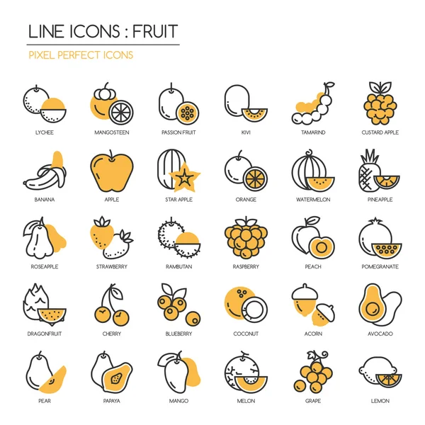 Fruta, conjunto de iconos de línea delgada, píxel icono perfecto — Vector de stock