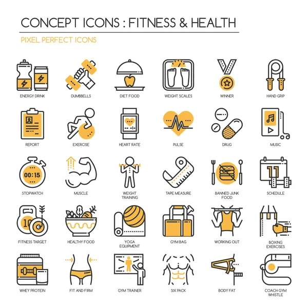 Fitness & egészségügyi, vékony vonal ikonok beállítása, pixel tökéletes ikon — Stock Vector