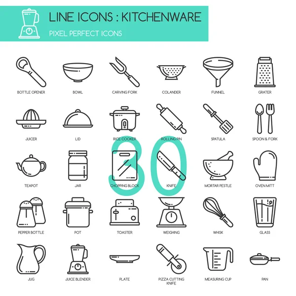 Utensilios de cocina, conjunto de iconos de línea delgada, píxel icono perfecto — Vector de stock