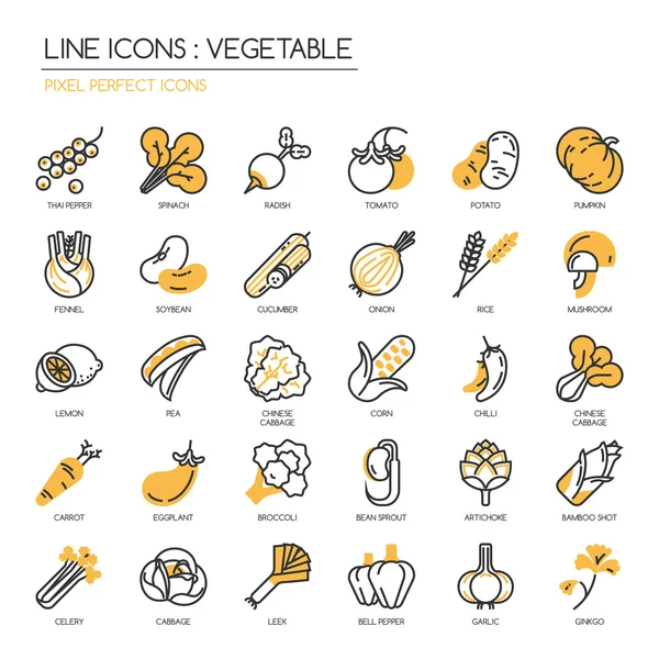 Légumes, ligne mince icônes ensemble, pixel icône parfaite — Image vectorielle