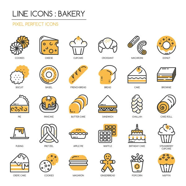 Panadería, conjunto de iconos de línea delgada, iconos perfectos de píxeles — Vector de stock