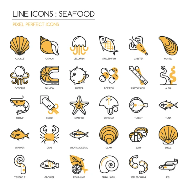 Frutti di mare, linea sottile icone set, pixel icona perfetta — Vettoriale Stock