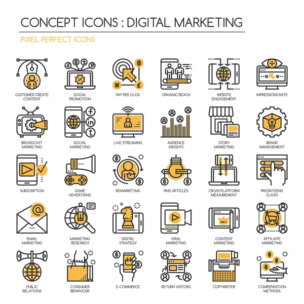 Digitális marketing, vékony vonal, és tökéletes Pixel ikonok — Stock Vector