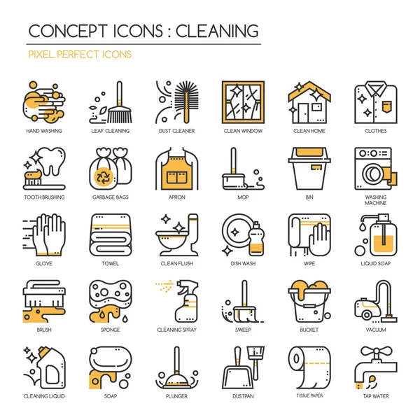 Iconos perfectos de limpieza, línea delgada y píxeles — Vector de stock