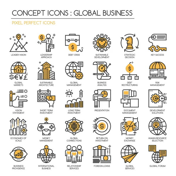 Affaires mondiales, ligne mince et icônes de Pixel Perfect — Image vectorielle