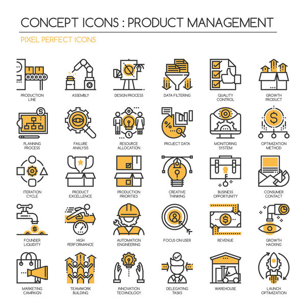 Управление продуктом, тонкая линия и пиксельные идеальные иконки
