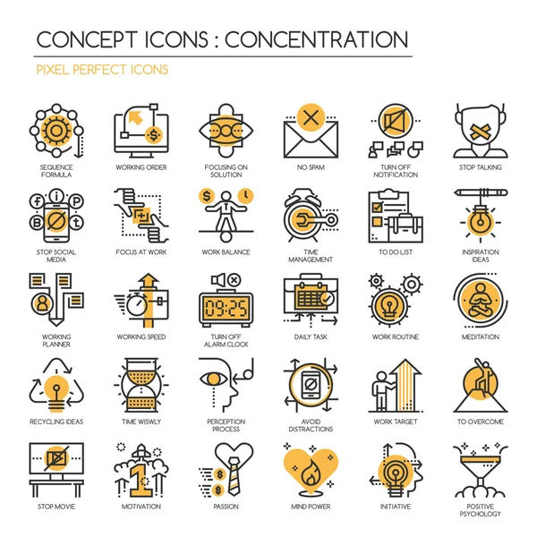 Concentración en el trabajo, línea delgada y píxeles iconos perfectos — Vector de stock