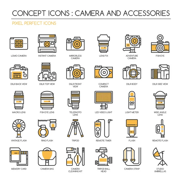 Camera en accessoires, dunne lijn en Pixel perfecte pictogrammen — Stockvector