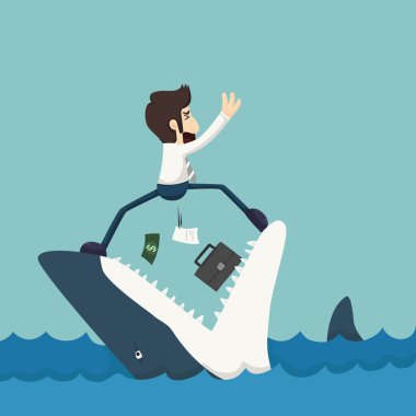 JAWS köpekbalığı üzerinde duran işadamı