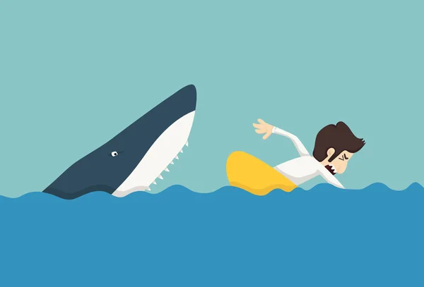 Empresário nadando para escapar tubarões —  Vetores de Stock
