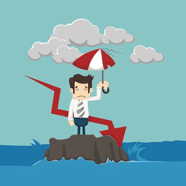 Businessman with umbrella standing in the sea — Stock Vector