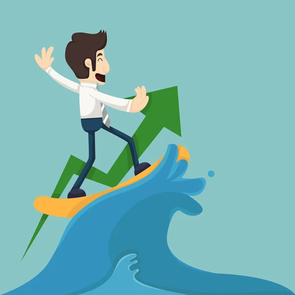 Hombre de negocios surfeando en ola — Vector de stock