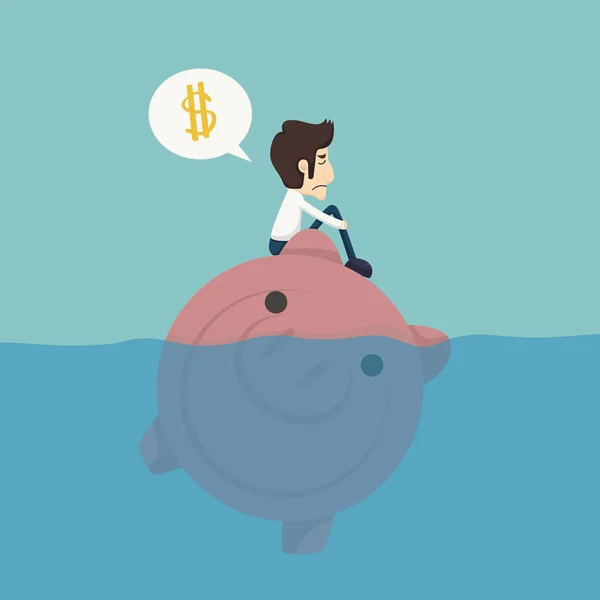 Businessman sitting on a piggybank , businessman no money — Stock Vector