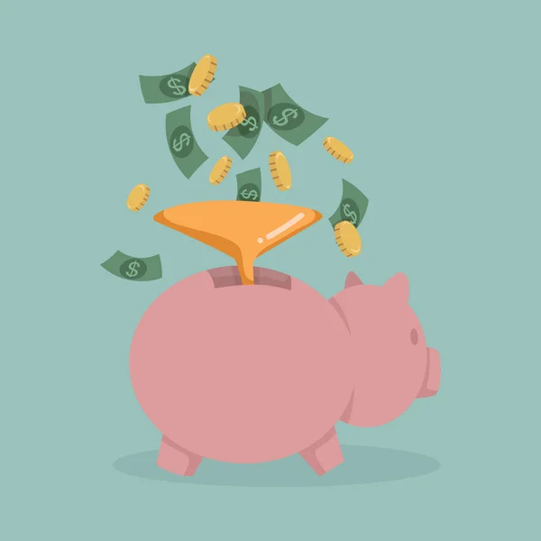 Money into a pink piggy bank — Stock Vector