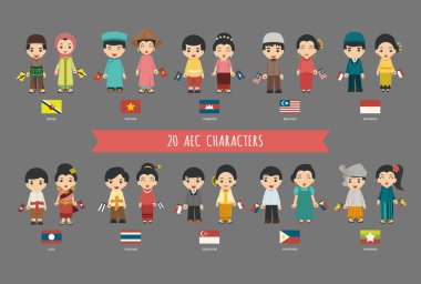 Set of 20 asian men and women in traditional costume with flag clipart