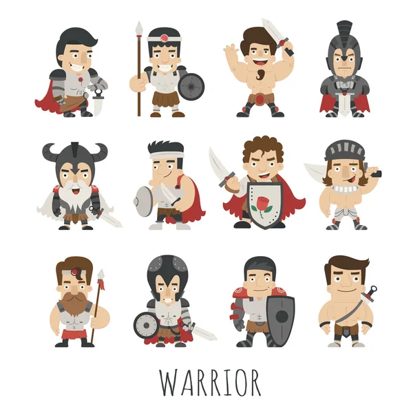 Conjunto de personagens de traje guerreiro — Vetor de Stock